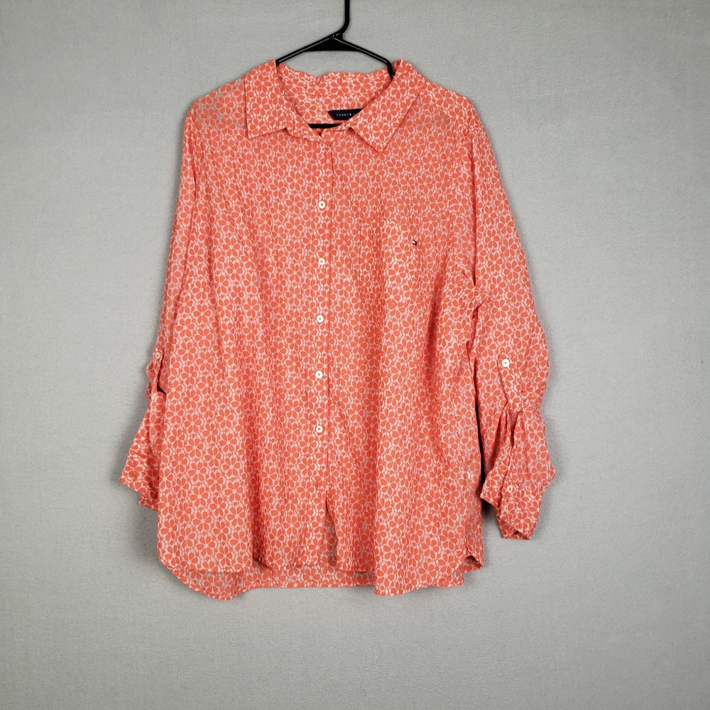 Tommy Hilfiger 1X Summer Button Up Top Orange White Floral‎ Preppy Euro Summer